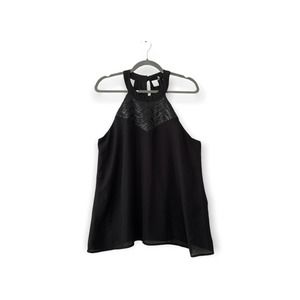 Anthropologie Paper Crane Black Tank Top Flowy Sequins Lined Halter Large EUC